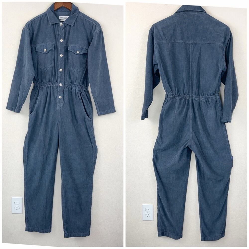 Overlover Blue Corduroy Jumpsuit M Elastic Waist Utility Workwear Made USA - Picture 1 of 8